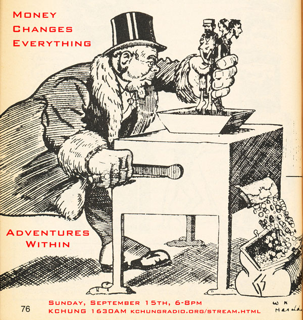 cartoon of a man wearing a fur coat and top hat putting a handful of people in a grinder shooting out coins