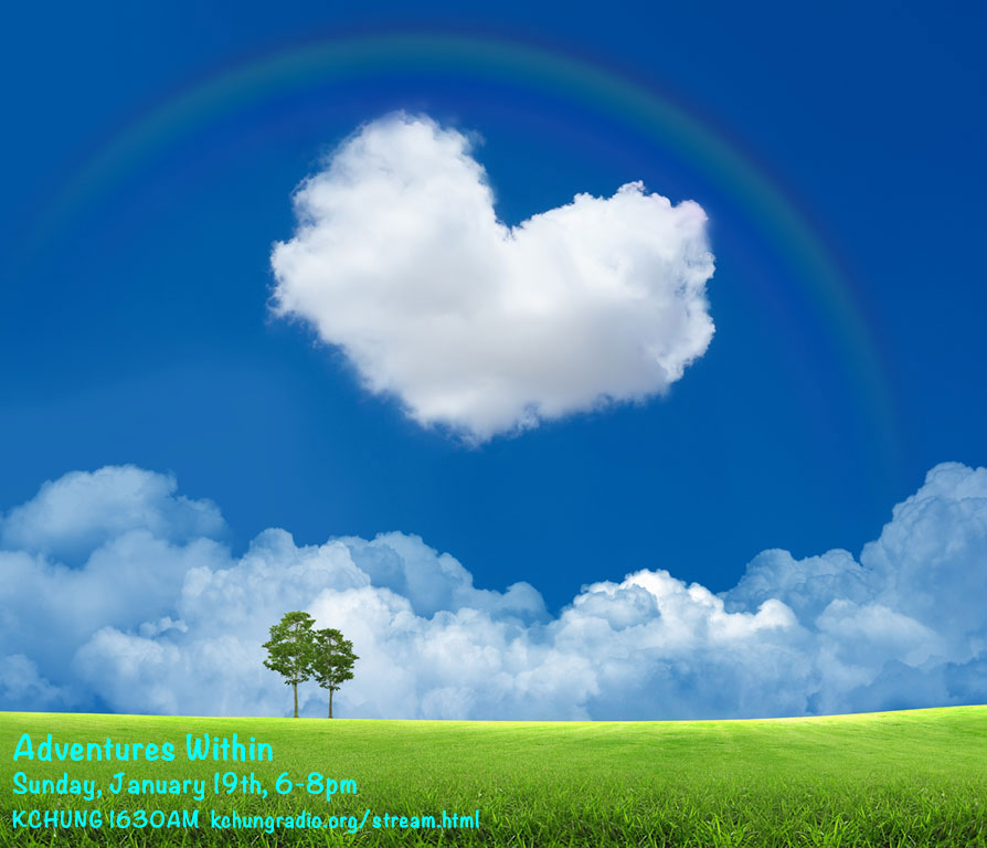 image of a cloud shaped heart in the sky with a rainbow over a green pasture
