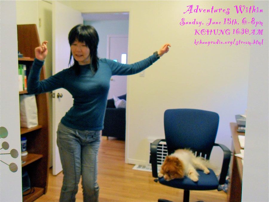 photo of Jennifer dancing in her office with Mr. Snuggles sleeping on the office chair