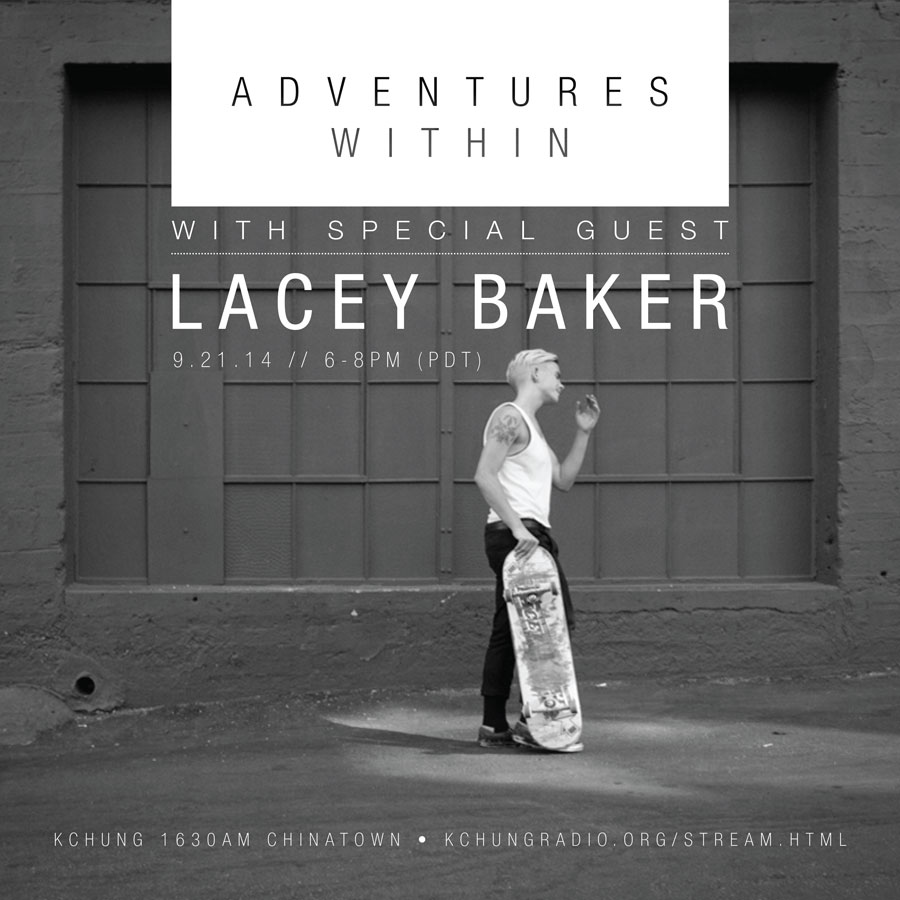 black and white photo of Lacey Baker walking with her skateboard with overlaid graphic text advertising the show