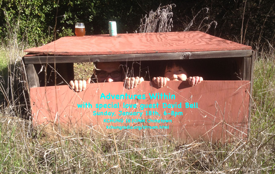 flyer for episode 28 of Adventures Within with guest David Bell: photo of David Bell and Jennifer Moon peeking their heads through a window of a bunker