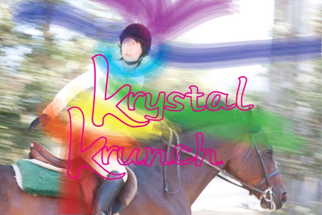 flyer for episode 29 of Adventures Within with guests Asher Hartman and Haruko Tanaka: photo of Jennifer Moon riding a horse, looking behind her as if something is chasing them, with a chakra color explosion around her head; image by Haruko Tanaka