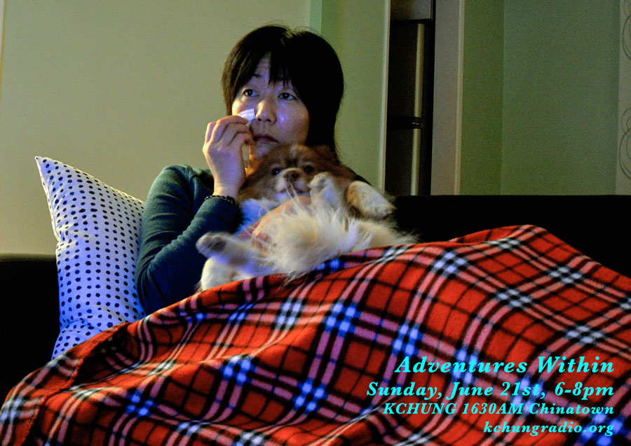 flyer for episode 33 of Adventures Within: Jennifer Moon holding Mr. Snuggles, lounging on a couch watching TV and crying