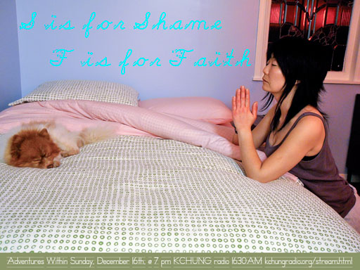 photo of Jennifer kneeling by her bed praying with Mr. Snuggles sleeping soundly on the bed