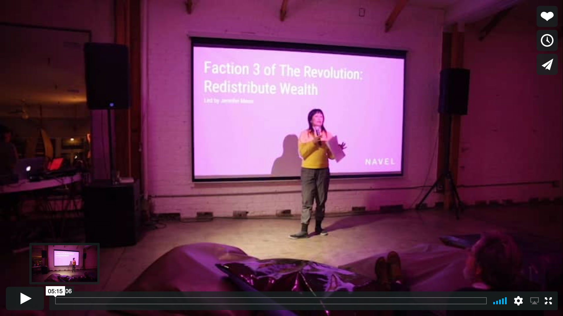 screen shot of Jennifer Moon's video proposal for NAVEL Assembly, Faction 3 of The Revolution: Redistribute Wealth
