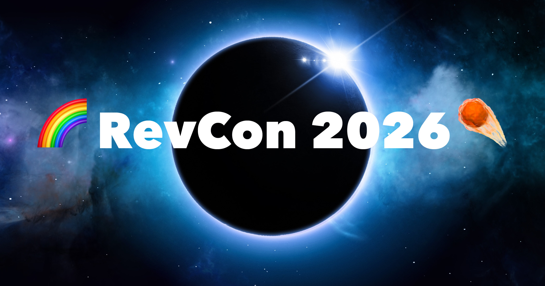dramatic solar eclipse in celestial outerspace with the words, RevCon 2026, sprawled large across the image