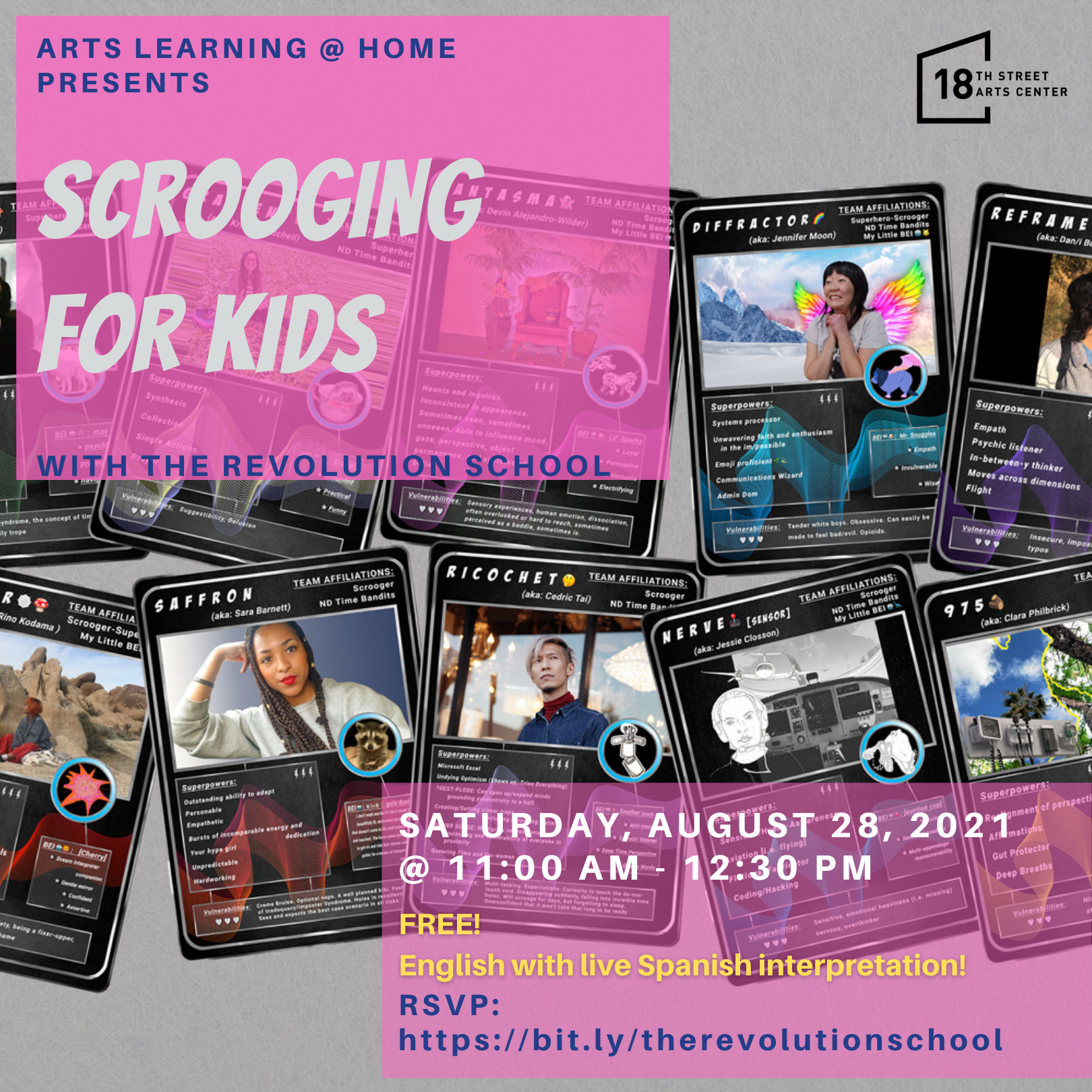Scrooging for Kids with The Revolution School poster at 18th Street Arts Learning at Home