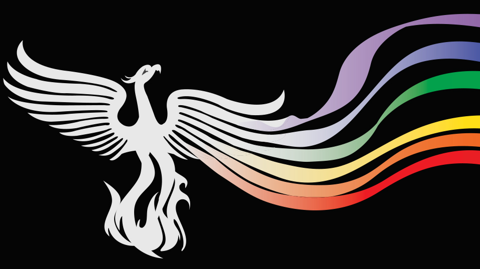 graphic of a phoenix rising from flames with a rainbow extending from its right wings
